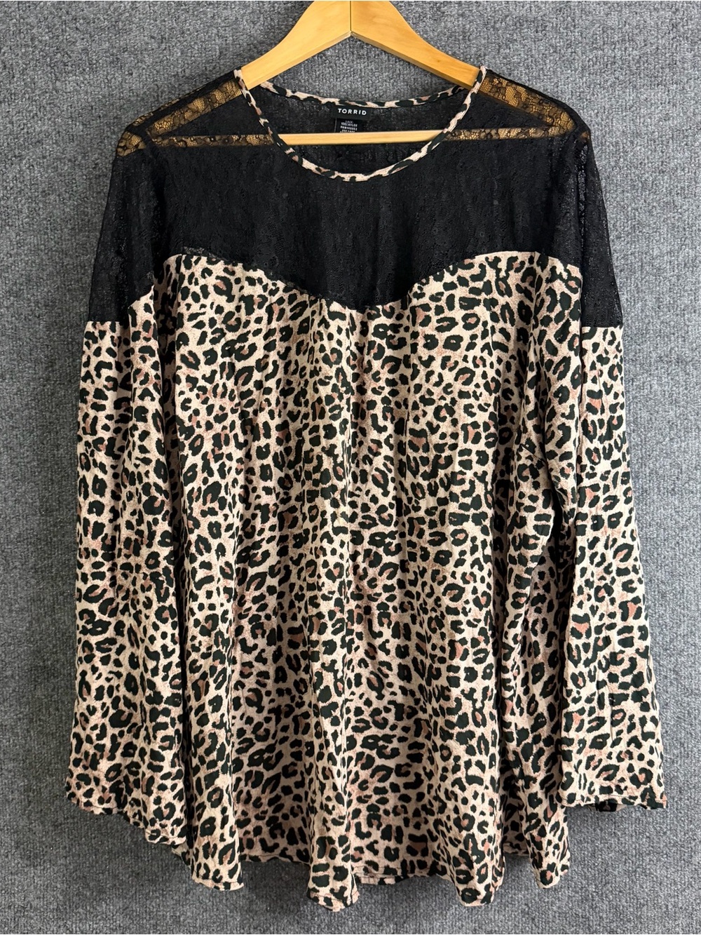 Torrid Womens 3X Lace Leopard Print Top Tan Black Long Sleeve Office Casual
